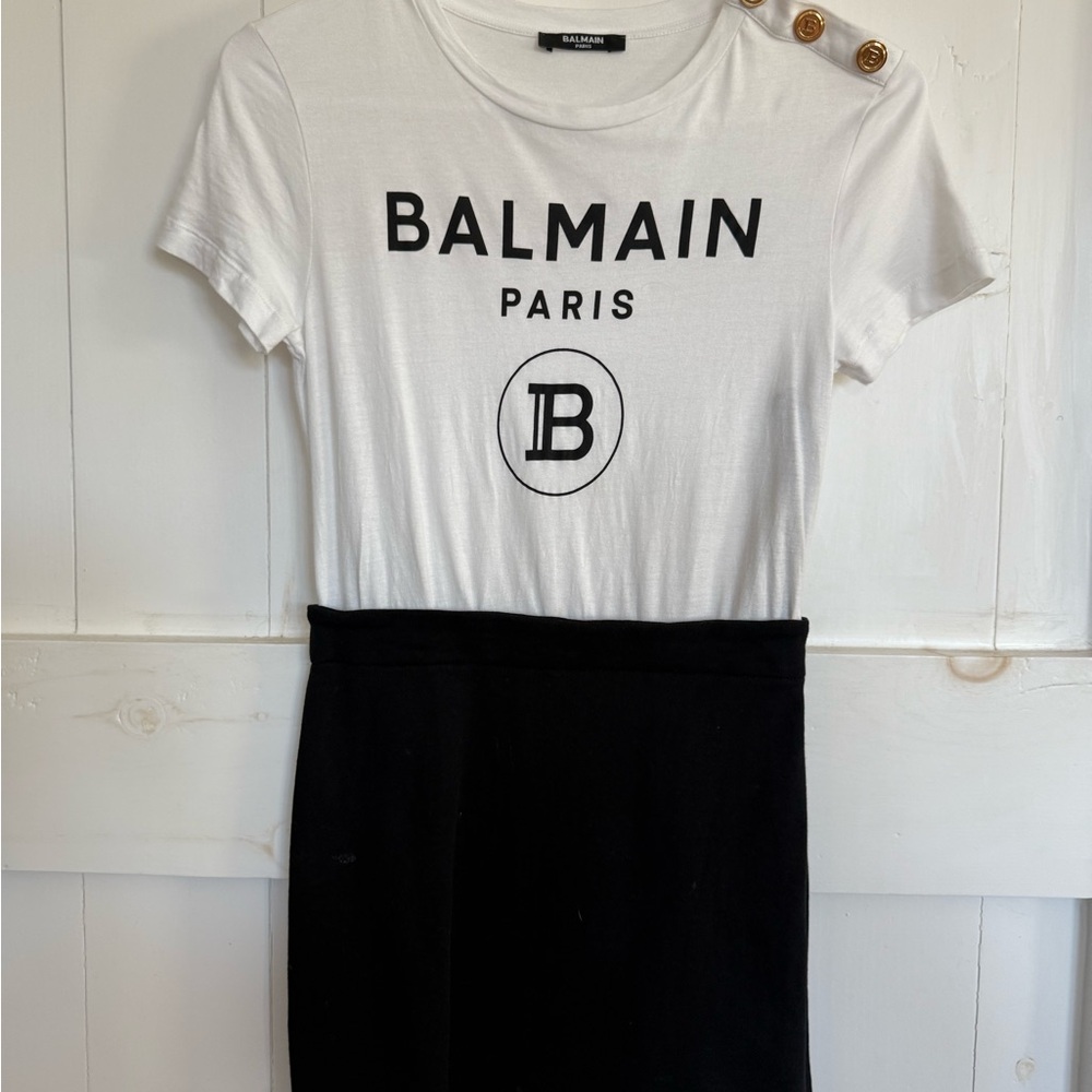 Balmain White Crewneck Logo Tee with Black Label